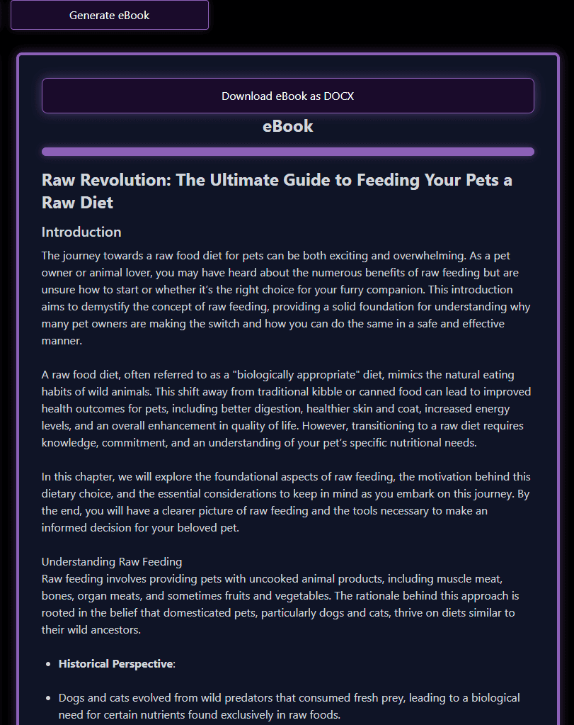 BookBlitzAI eBook generator showing outline and export options