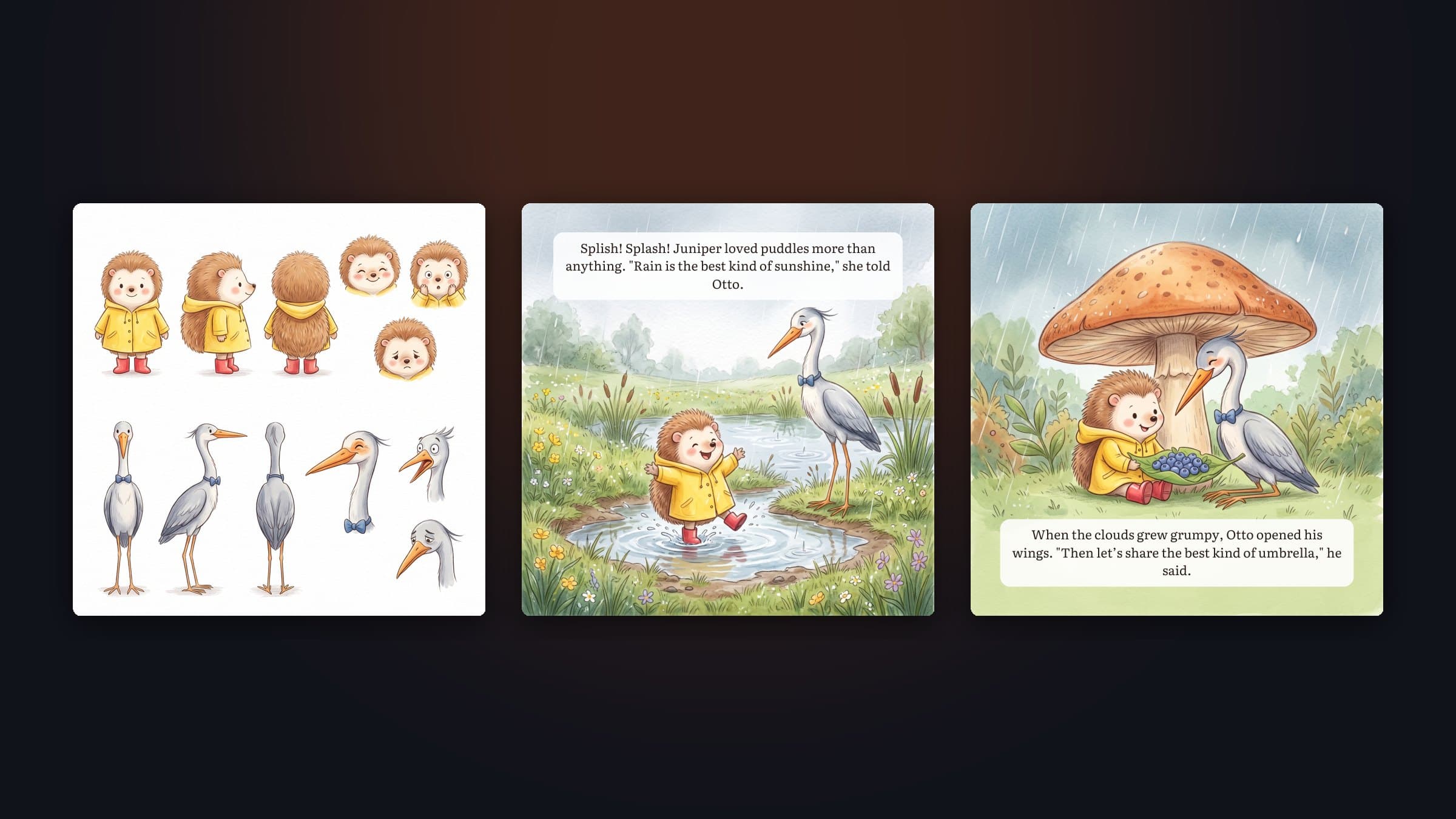A character reference sheet of a hedgehog and a heron, next to two illustrated picture-book pages made from it, with the story text on soft panels