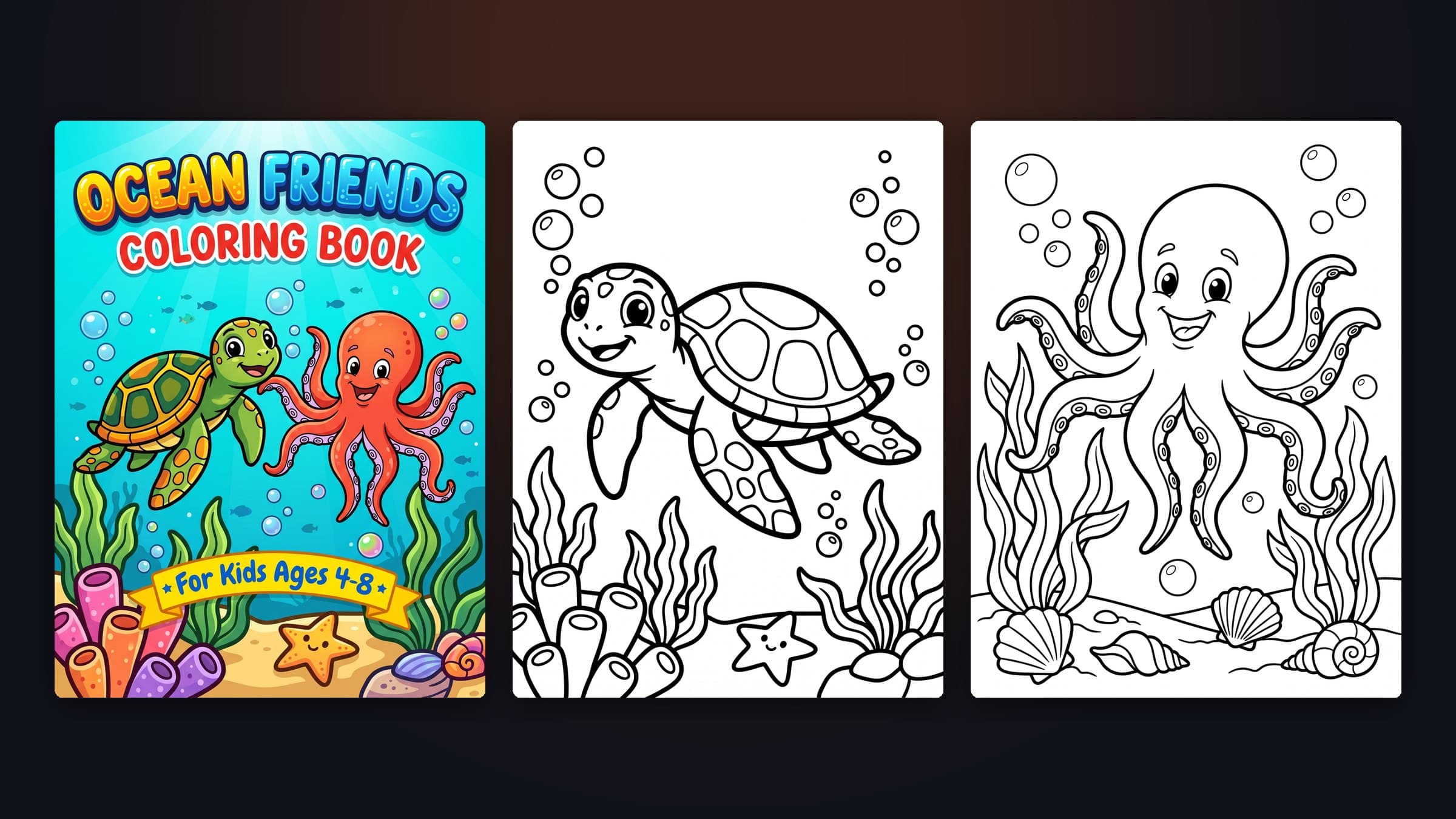 A colourful "Ocean Friends" coloring book cover next to two of its black-and-white pages: a sea turtle and an octopus