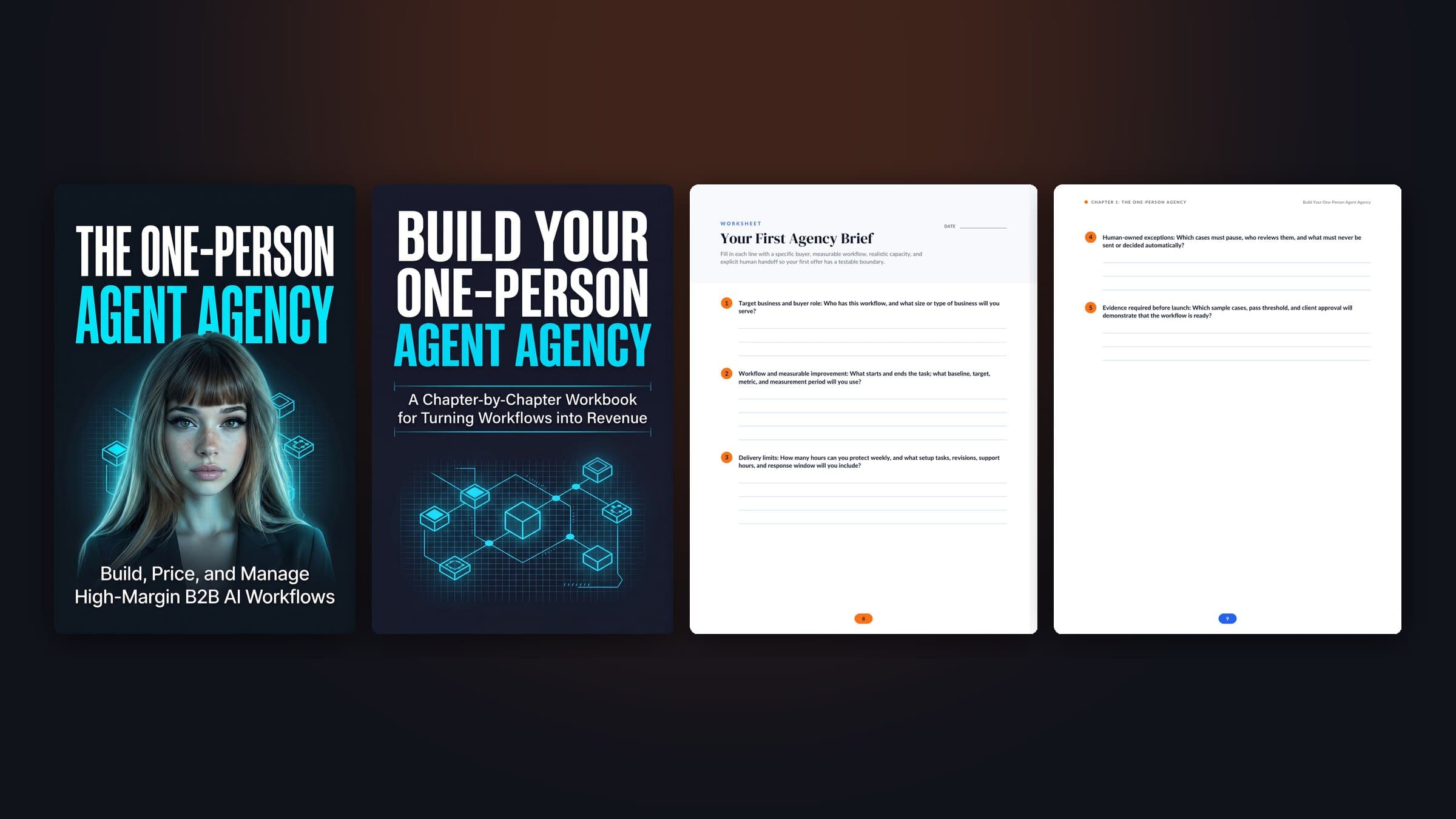 A book cover next to its matching companion workbook cover and two workbook pages with fill-in worksheets