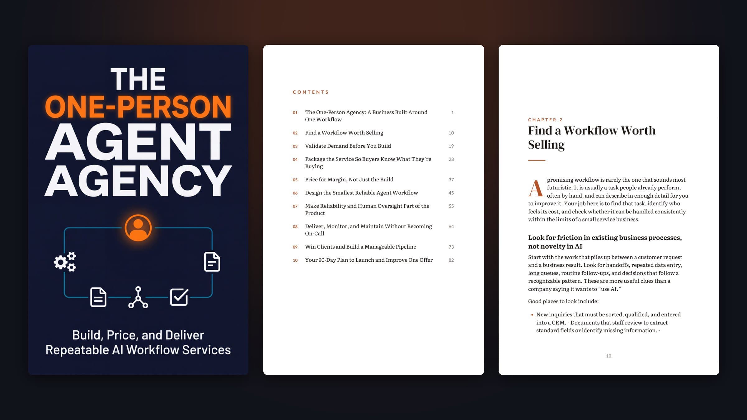 An imported manuscript typeset as a book: the cover, the table of contents and a chapter opening page