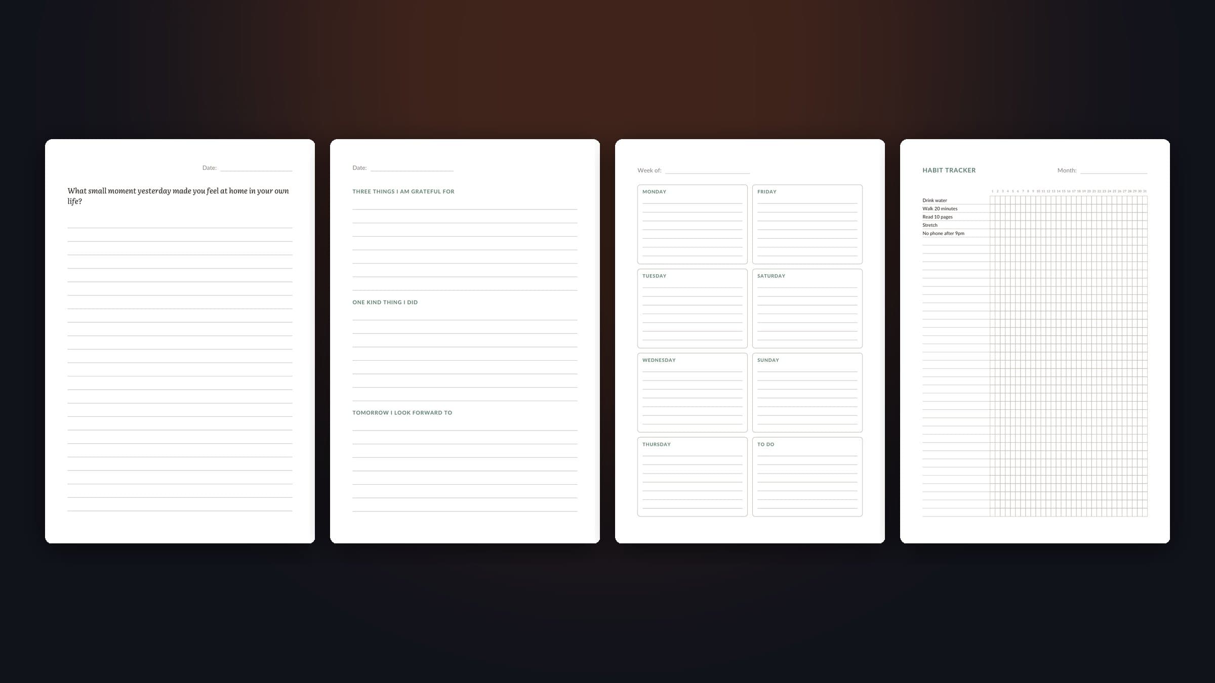 Four journal pages: a writing prompt with lines, a daily gratitude form, an undated weekly spread and a monthly habit tracker