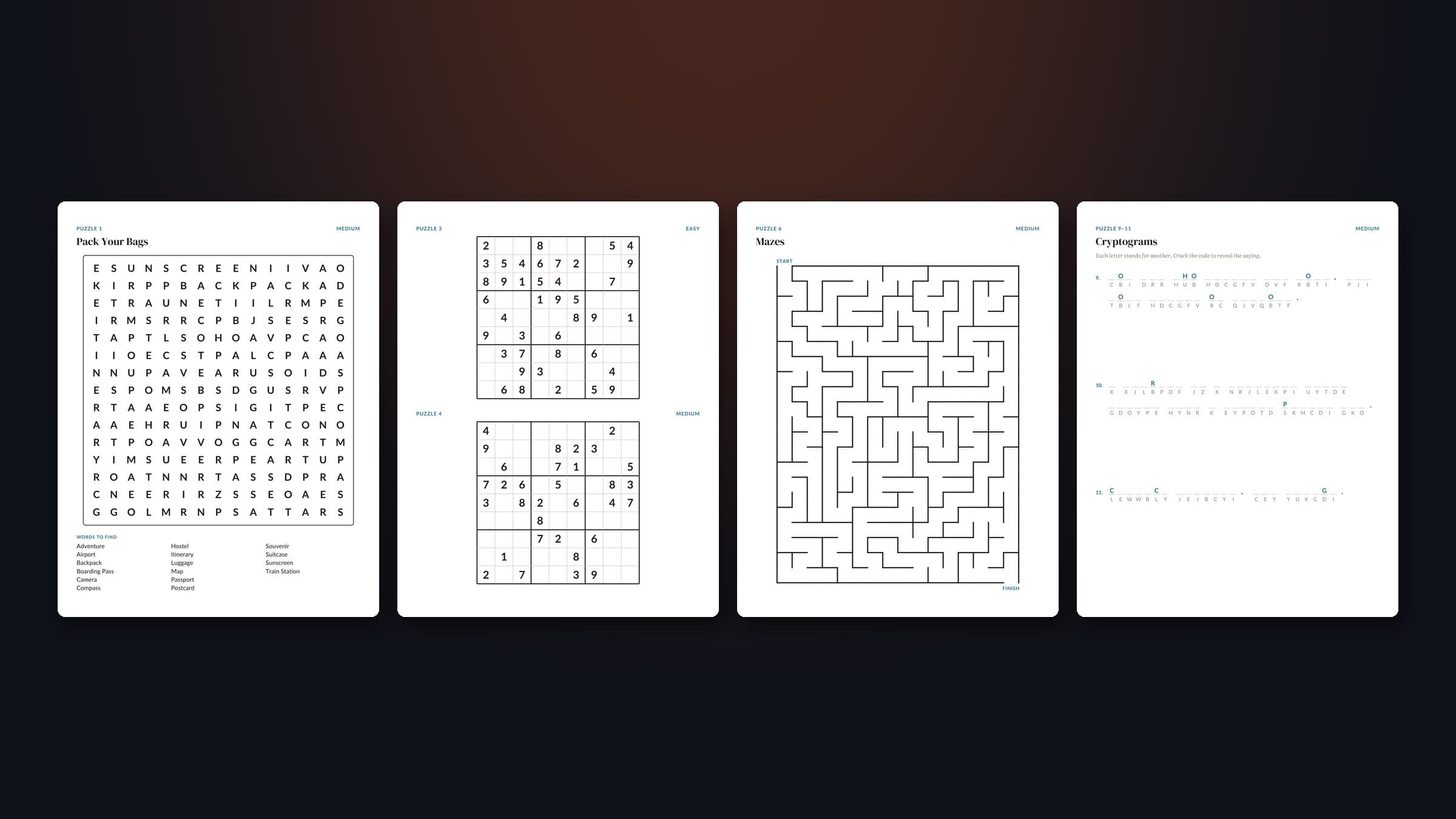 Four pages of a travel puzzle book: a word search, two sudoku grids, a maze and a page of cryptograms