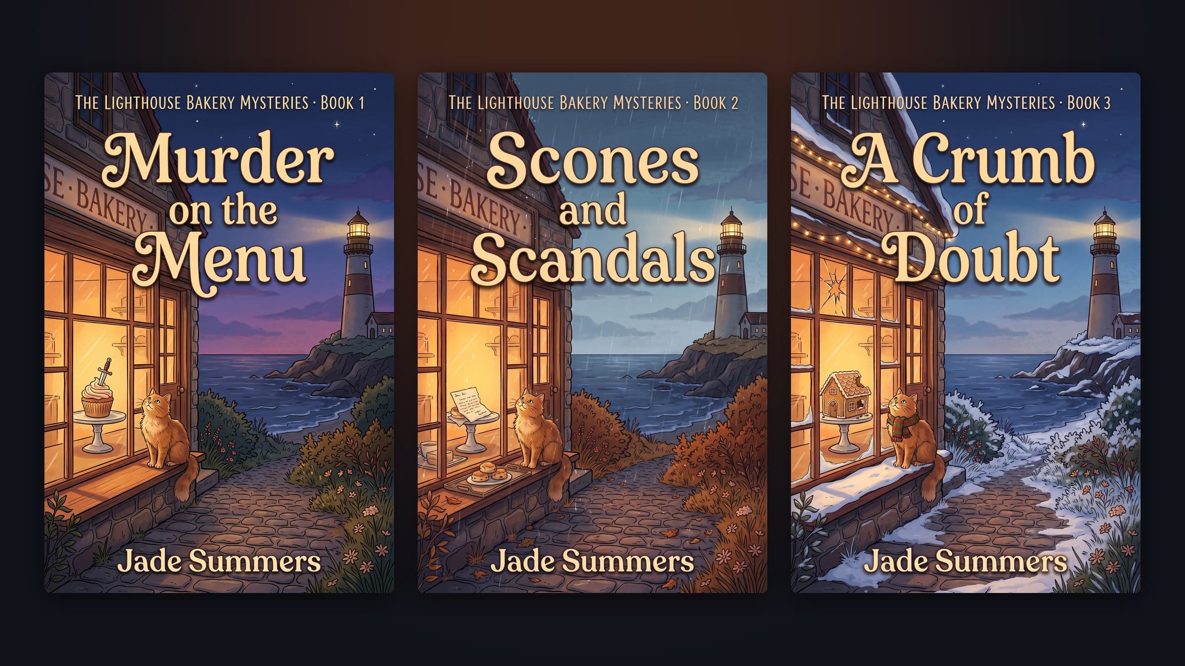 Three covers of the Lighthouse Bakery Mysteries series, books 1 to 3, in one consistent design
